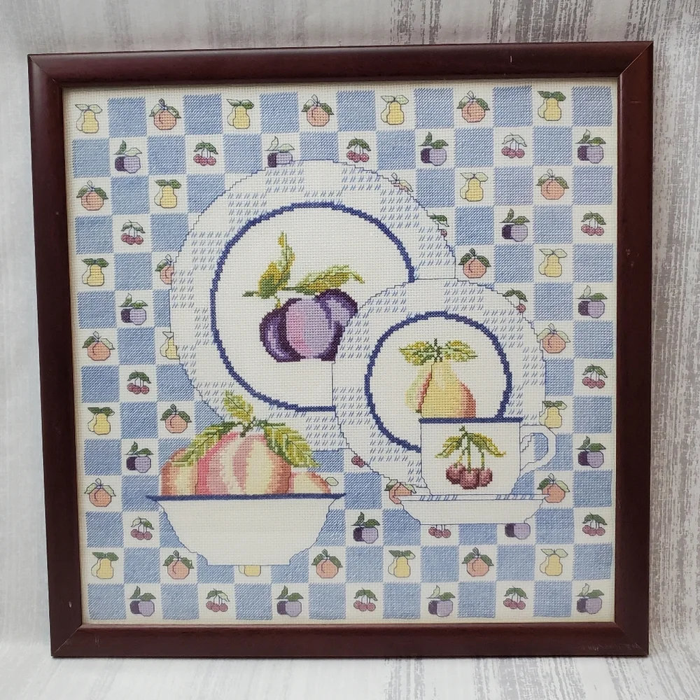Cross-stitch Framed Art Place Setting and Bowl Of Fruit